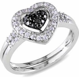 1/3 Carat T.G.W. Created White Sapphire and Black Diamond Accent Sterling Silver Double Band Heart Ring