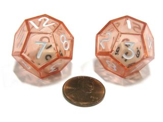 Set of 2 D12 25mm Double Dice, 2 In 1 Dice   White Inside Translucent Red Die