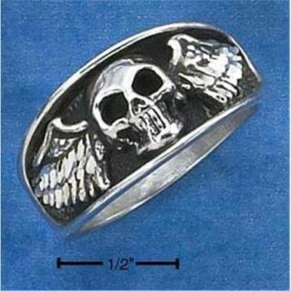 Sterling Silver Mens Skull with Wings Ring   Size 9