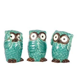 Set of 3) Cyan Ceramic Owl No Evil   Shopping   Great Deals