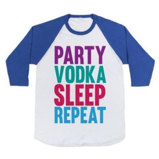 White/Royal Party, Vodka, Sleep, Repeat Baseball Funny T Shirt Size Medium NEW