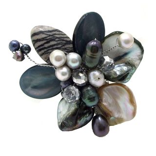 Floral Cluster Hand Painted Shells and Pearl Pin Brooch (Thailand)