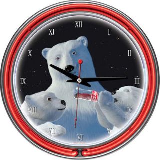 Coca Cola 14" Neon Wall Clock, Polar Bear with Cubs