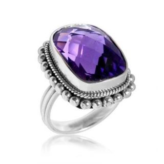 Handcrafted Sterling Silver Amethyst Bead Edge Bali Ring (Indonesia) Size 9   NA
