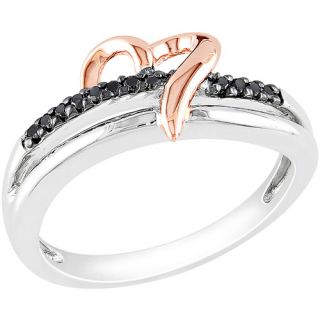 Black Diamond Accent Heart Fashion Ring in White and Pink Rhodium Plated Sterling Silver