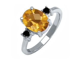 1.73 Ct Oval Checkerboard Yellow Citrine Black Diamond 925 Sterling Silver Ring