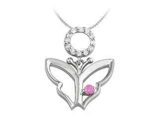Butterfly Pendant Necklace with CZ and Created Pink Sapphire in Sterling Silver 0.15 CT TGW