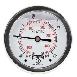 Winters Instruments PFP Series 2.5 in. Stainless Steel Liquid Filled Case Pressure Gauge with 1/4 in. NPT CBM and 30 in. Hg 0 60 psi/kPa PFP872