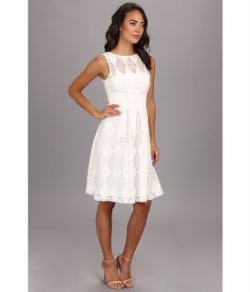 maggy london sleeveless embd mesh fit and flare dress white