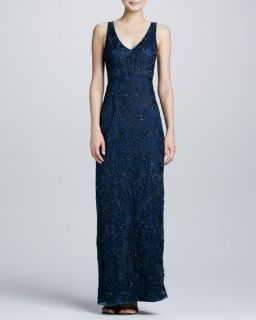 Sue Wong Embroidered V Neck Gown, Navy