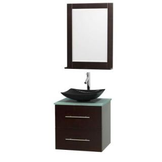 Wyndham Collection Centra 24 in. Vanity in Espresso with Glass Vanity Top in Green, Black Granite Sink and 24 in. Mirror WCVW00924SESGGGS4M24