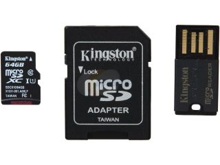 Kingston 64GB microSDXC Flash Card With SD Adapter and USB Adapter Model MBLY10G2/64GB