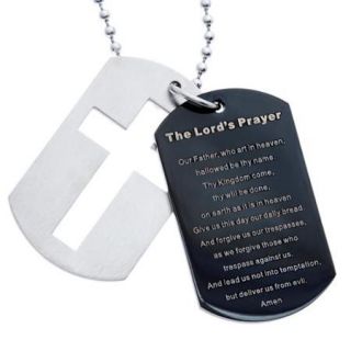 Stainless Steel and Black IP Dog Tag and Cross Lord's Prayer Necklace