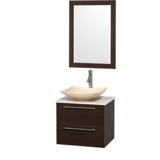 Wyndham Collection Amare 24 inch Single Bathroom Vanity in Gray Oak, White Man Made Stone Countertop, Arista White Carrera Marble Sink, and 24 inch Mirror
