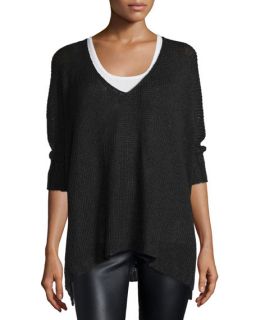 Donna Karan Easy 3/4 Sleeve V Neck Sweater, Black