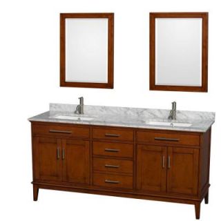 Wyndham Collection Hatton 72 in. Double Vanity in Light Chestnut with Marble Vanity Top in Carrara White, Square Sink and Mirrors WCV161672DCLCMUNSM24