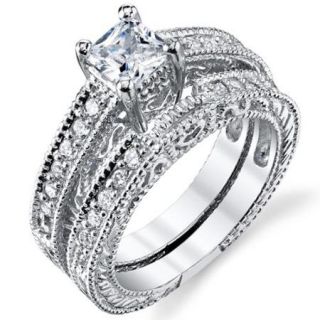 Oliveti Sterling Silver Vintage Princess cut Cubic Zirconia Bridal Ring Set Size 11