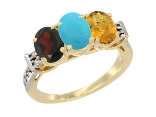 10K Yellow Gold Natural Garnet, Turquoise & Whisky Quartz Ring 3 Stone Oval 7x5 mm Diamond Accent, sizes 5   10