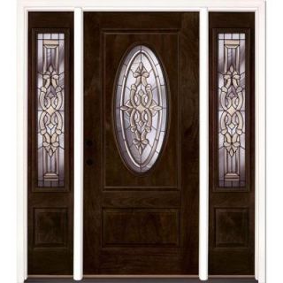 Feather River Doors 59.5 in. x 81.625 in. Silverdale Patina 3/4 Oval Lite Stained Chestnut Mahogany Fiberglass Prehung Front Door w Sidelite 713791 313