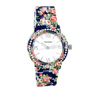 Vernier Womens Soft Touch All Over Floral Pattern Stone Bezel Watch