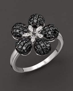 Black And White Diamond Flower Ring In 14K White Gold, 1.20 ct. t.w.