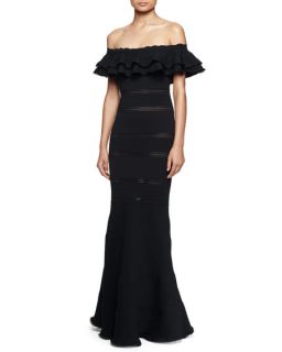 Alexander McQueen Off the Shoulder Ruffle Knit Gown