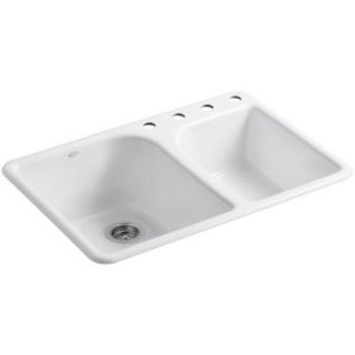 KOHLER Executive Chef Top Mount Cast Iron 33 in. 4 Hole Double Bowl Kitchen Sink in White K 5932 4 0
