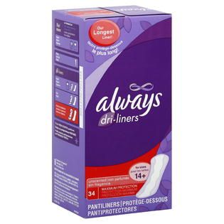Always  Dri Liners Pantiliners, Maximum Protection, Unscented, 34