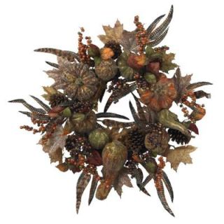 Nearly Natural 28 in. Artificial Wreath with Autumn Pumpkins, Berries, and Feathers 4907
