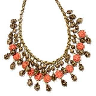 Sweet Romance Bronze Pewter Coral and Filigree 1940s Bib Necklace