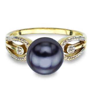 DaVonna 14k Yellow Gold Black Round Pearl Illusion Ring (9 10 mm