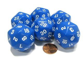 Set of 6 Triantakohedron D30 30 Sided 33mm Jumbo Dice   Blue w White Numbers