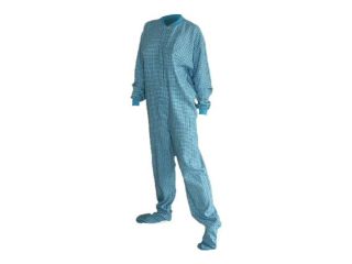 Big Feet Pjs Turquoise Blue & Green Cotton Plaid Flannel Adult Footie Footed Pajamas