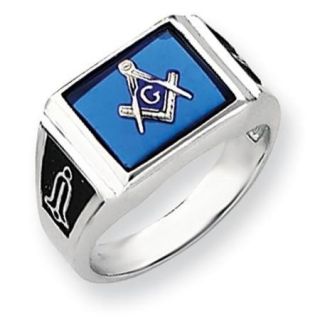 14k White Gold Synthetic Blue Spinel Men's Masonic Ring