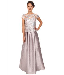 Adrianna Papell Cap Sleeve Sequin Ilusion Lace Duponi Gown Pearl Grey