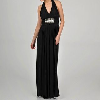 One By Eight Womens Black Jersey Halter Beaded Gown
