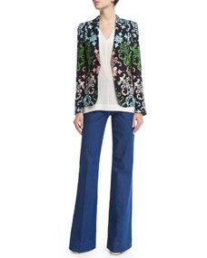 Escada Acanthus Coin One Button Heritage Blazer, V Neck Flutter Sleeve Shell & Mid Rise Flare Leg Jeans