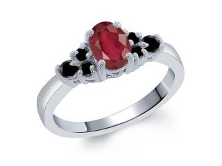 0.85 Ct Oval African Red Ruby Black Diamond 14K White Gold Ring