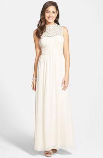 Hailey by Adrianna Papell Embellished Yoke Ruched Chiffon Gown