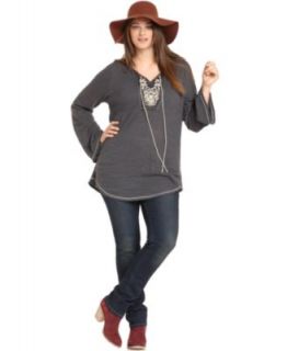 Eyeshadow Plus Size Long Sleeve Embroidered Peasant Top