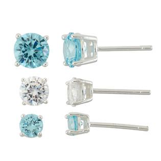 Sterling Silver 3 Pair Cubic Zirconia Blue and White Round Stud