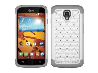 LG Volt F90 LS740 Hard Cover and Silicone Protective Case   Hybrid Pearl White/ Gray Luxurious Lattice Dazzling With Some Rhinestones