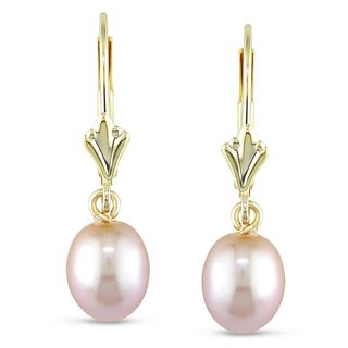Miadora 10k Yellow Gold Freshwater Pink Pearl Dangle Earrings 6.5 7 mm