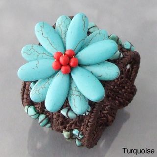 Cotton Rope Wide Turquoise and Coral Flower Cuff Bracelet (Thailand)