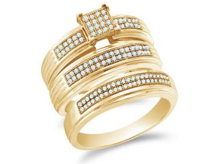 10K Yellow Gold Diamond Trio 3 Ring His & Hers Set   Square Princess Shape Center Setting w/ Micro Pave Set Round Diamonds   (2/5 cttw, G H, SI2)   SEE "OVERVIEW" TO CHOOSE BOTH SIZES