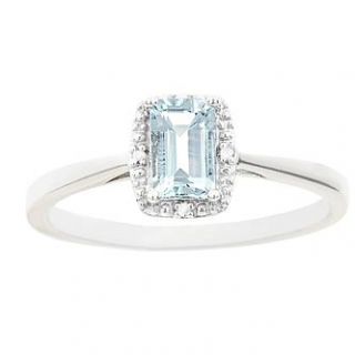 Sterling silver 6x4mm emerald cut aquamarine with diamond accent ring