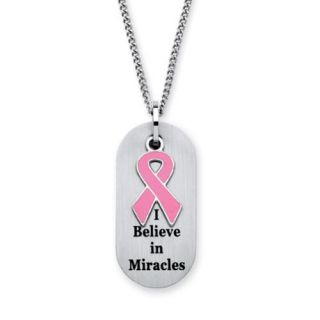 I Believe in Miracles Breast Cancer Awareness Tag Necklace in Stainless Steel