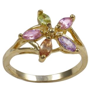 Gold Finish Childrens Multicolor Crystals Flower Ring  