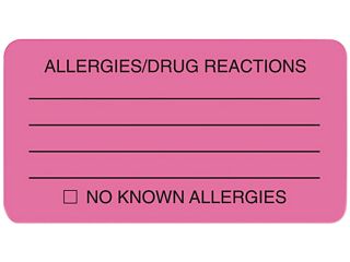 Tabbies 01730 Allergies/Drug Reaction Labels, 1 3/4 x 3 1/4, Fluor Pink, 250/Roll