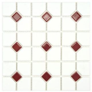 Merola Tile Oxford Matte White with Maroon Dot 11 1/2 in. x 11 1/2 in. x 5 mm Porcelain Mosaic Tile (9.2 sq. ft. / case) FKOOX602